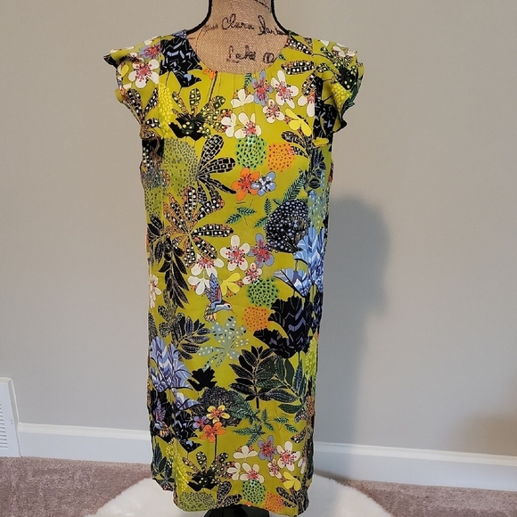 LOFT Blue and White Midi Sheath Dress with Flutter Sleeves - Picture 1 of 5